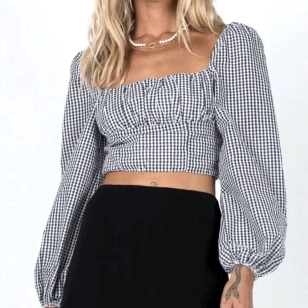 NWOT Princess Polly Long Sleeve Crop Top in Black & White Gingham Print Size 6